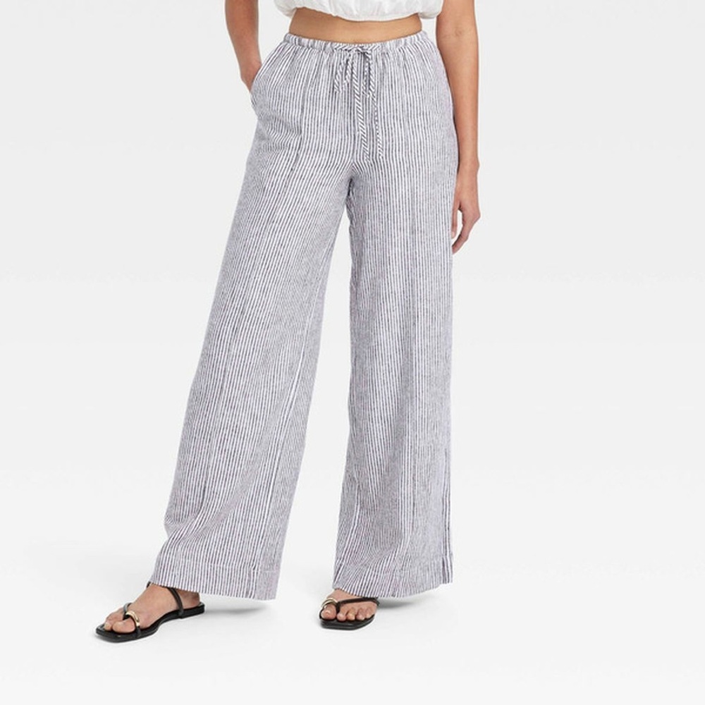 Wide-Leg Drawstring Stripe Pants - Gray/White